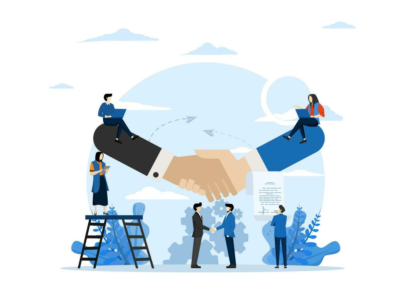concept of cooperation in business or partnership agreement of parties man shaking hands after document signing successful partnership investment flat illustration vector